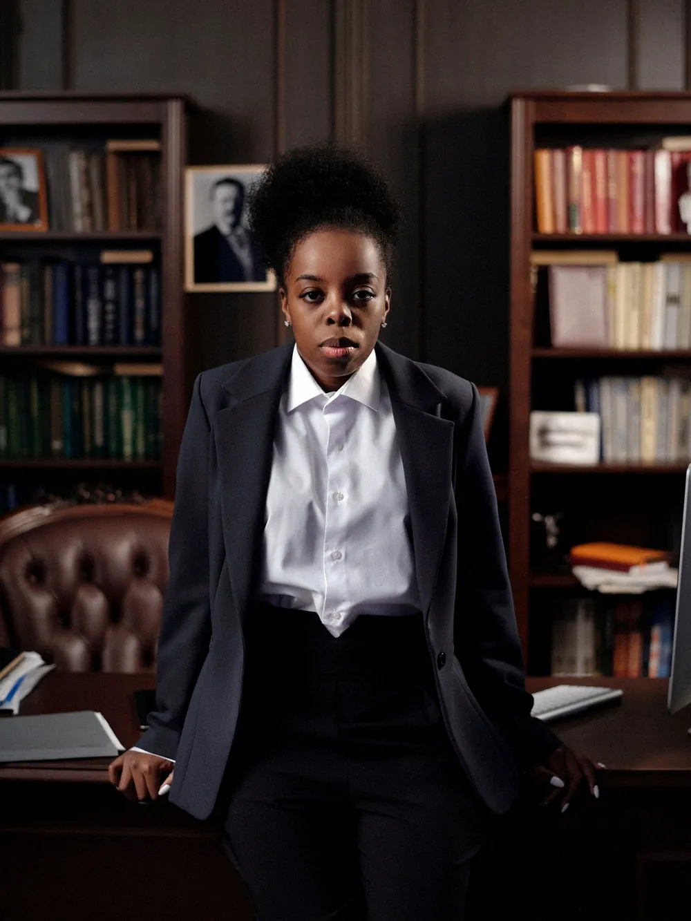 A lawyer standing in front of a wall of law books