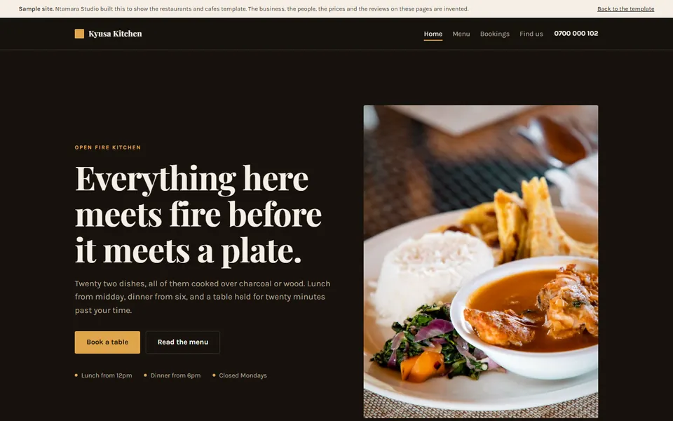 The Kyusa Kitchen sample site on a computer screen