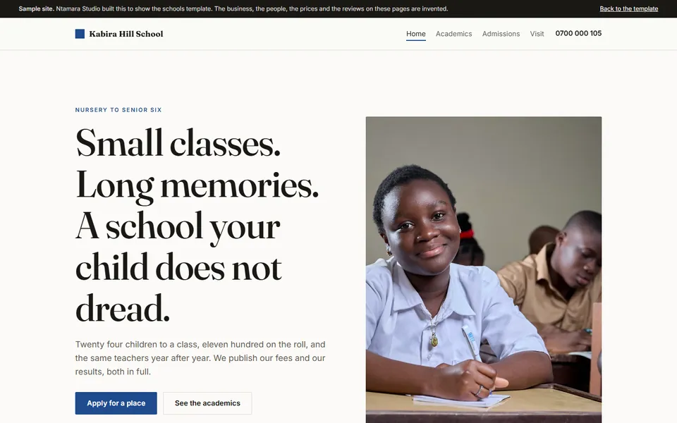 Kabira Hill School, the schools sample site